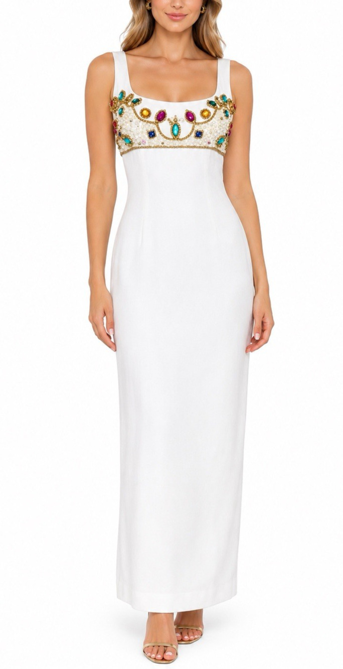 Victoria Royal Ltd Gown Maxi Dress White Bead Rhinestone Sleeveless Scoop Neck L